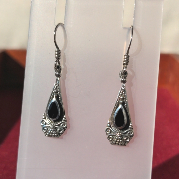 Sterling Silver Black Onyx Dangle Earrings - Picture 1 of 3